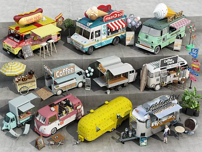 Different Mobile Food Trucks Featuring Hot Dog Ice Cream Coffee Burger And Snack Stalls 3d model