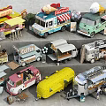 Different Mobile Food Trucks Featuring Hot Dog Ice Cream Coffee Burger And Snack Stalls
