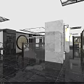 Luxurious Club Hallway With Marble Floor Dark Cabinets Decorative Painting Chinese Tile Decorations And Seats