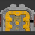 Industrial Secure Door With Yellow Panels Gray Frame Caution Sign And Radioactive Symbol