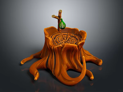 Decorative Tree Stump Ornament With Growth Rings And Green Bottle 3d model