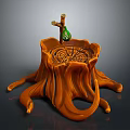 Decorative Tree Stump Ornament With Growth Rings And Green Bottle