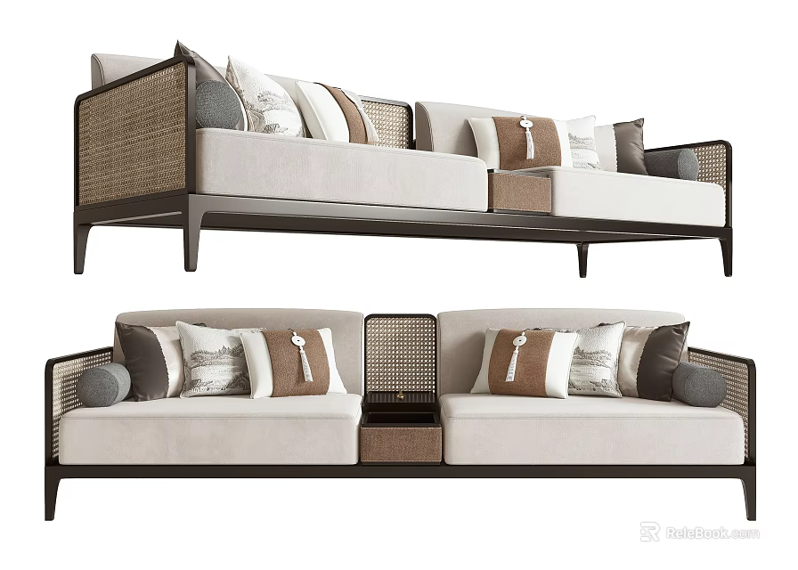 Modern Multi Seater Sofa With Woven Rattan Details Dark Wooden Frame And Neutral Brown Cushions 3d model 