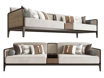Modern Multi Seater Sofa With Woven Rattan Details Dark Wooden Frame And Neutral Brown Cushions 3d model