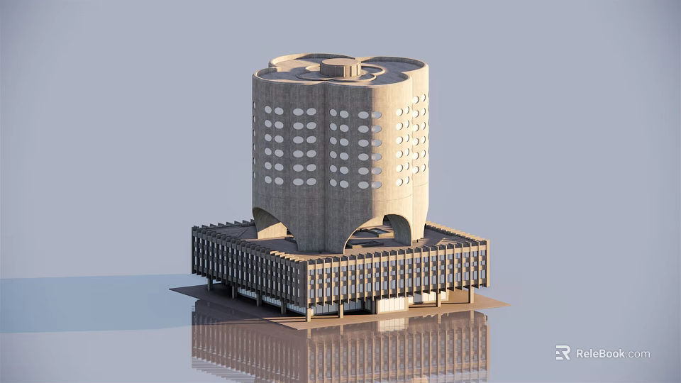 Modern Cylindrical Architectural Structure With Concrete Tower And Circular Holes On Square Base 3d model 