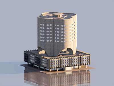 Modern Cylindrical Architectural Structure With Concrete Tower And Circular Holes On Square Base 3d model