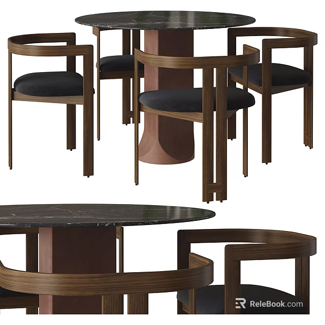 Modern Round Dining Table Set With Wooden Frame And Black Seats 3d model 