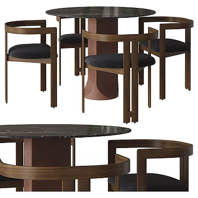 Modern Round Dining Table Set With Wooden Frame And Black Seats 3d model
