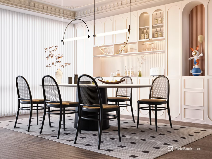 Modern Restaurant Interior With Elegant Dining Table Chairs Hanging Lights White Decor And Patterned Rug 3d model