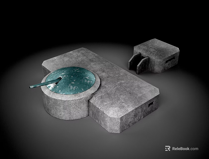 Gray Stone Building Exterior Wall With Round Green Decorative Panel And Attached Structure 3d model