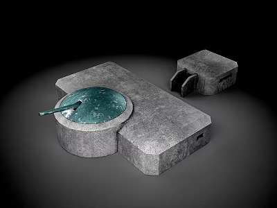 Gray Stone Building Exterior Wall With Round Green Decorative Panel And Attached Structure 3d model