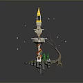 Fantasy Floating Tower Structure With Yellow Spire Root Base Green Plants And Floating Feathers