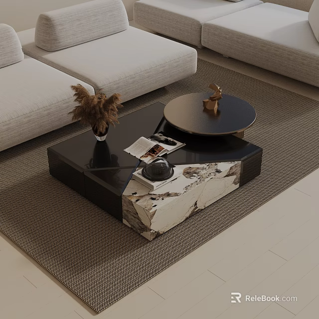 Elegant Modern Sofa Coffee Table Set With Marble Surface And Decorative Ornaments 3d model 