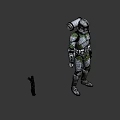 Man Wearing White And Green Armor With Helmet Standing Against Black Background