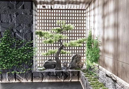 New Chinese style landscape sketch indoor pine landscape stone landscape sketch porch landscape plant landscape moss creeper Zen sketch 3d model