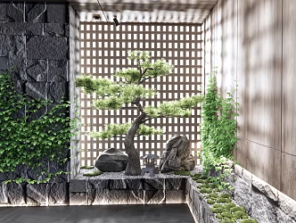 New Chinese style landscape sketch indoor pine landscape stone landscape sketch porch landscape plant landscape moss creeper Zen sketch 3d model