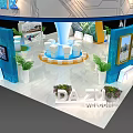 Exhibition Hall Interior With Blue Cone Structure White Seats And Display Panels
