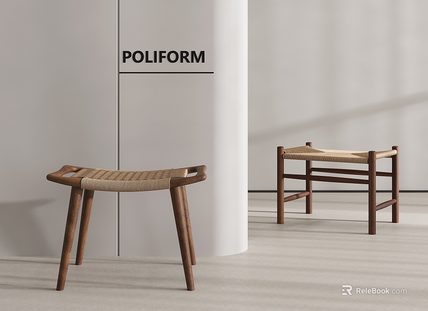 POLIFORM Modern Stools With Wooden Frame And Woven Seat In Minimalist Interior 3d model 