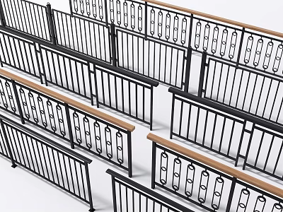 Modern Metal Fence Assemblies With Black Railings Wooden Top Rails And Decorative Patterns 3d model