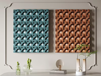Decorative Wall Panels With Textured Patterns In Blue Green Brown And Vases Plants Decorative Items 3d model
