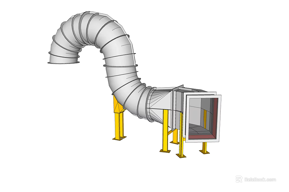 Curved Metal Duct with Yellow Supports Connected to Square Equipment Unit 3d model 