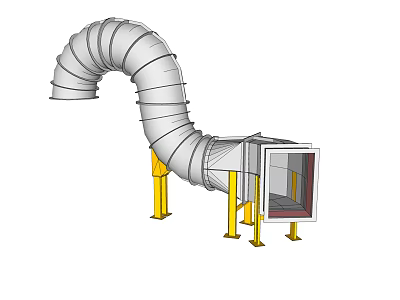Curved Metal Duct with Yellow Supports Connected to Square Equipment Unit 3d model
