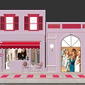 Pink Barbie Activity Entrance With Red Awning Window Shutters And Display Figures