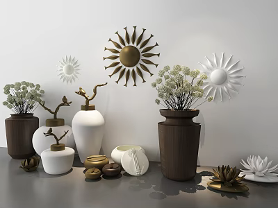 Brown and White Vases with White Flowers and Decorative Sun Ornaments and Lotus Decor 3d model