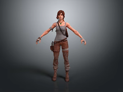 3D Model Of Woman In Gray Tank Top Brown Pants With Utility Belt Boots And Arms Outstretched 3d model