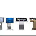 Public Facility Featuring Four Different Style Touchscreen Information Kiosks on Wooden Floor Light Colored Wall