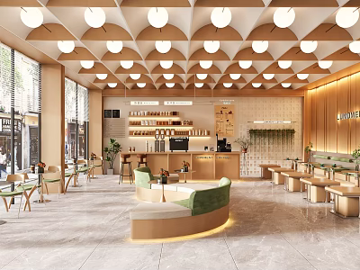 Spacious Modern Cafe Interior With Wooden Ceiling Round Lights Green Sofa And Marble Floor 3d model