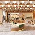 Spacious Modern Cafe Interior With Wooden Ceiling Round Lights Green Sofa And Marble Floor