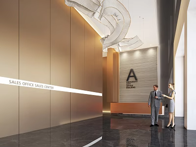 Front Desk Reception In Modern Sales Office Lobby With Staff Greeting Visitor And Lighting Fixture 3d model