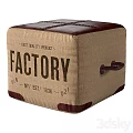 Vintage Leather and Burlap Ottoman with Factory Lettering and Metal Handle Decorative Design