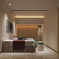 Relaxing SPA Sauna Interior With Massage Table Soft Lighting And Decorative Fans