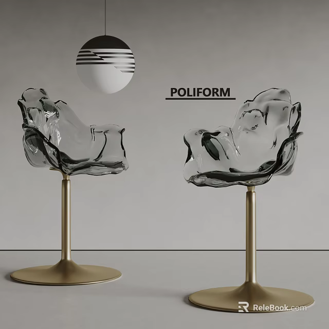 Modern Bar Counter Interior Design With POLIFORM Clear Acrylic Bar Stools And Gold Base 3d model 