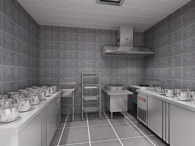 Commercial Restaurant Kitchen Interior with Gray Tiled Walls Stainless Steel Worktables and Cooking Equipment 3d model