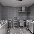 Commercial Restaurant Kitchen Interior with Gray Tiled Walls Stainless Steel Worktables and Cooking Equipment