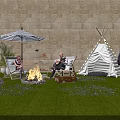 Outdoor Chairs In Cozy Backyard Setting With Fire Pit Tepee Tent And Umbrella