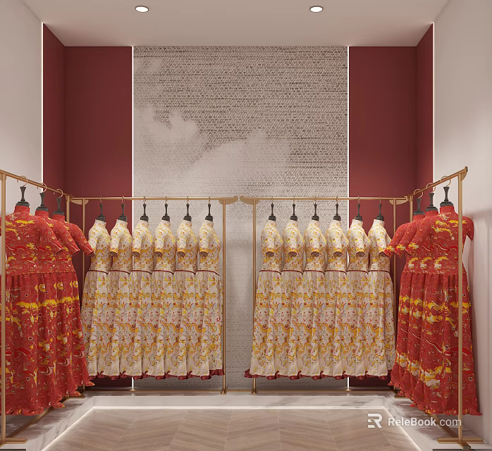 Red Yellow Patterned Wedding Dresses On Gold Hangers Wedding Dress Store 3d model 