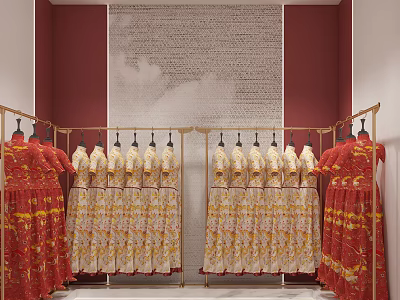 Red Yellow Patterned Wedding Dresses On Gold Hangers Wedding Dress Store 3d model