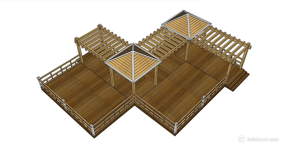 Wooden Gazebo Structure With Connected Pavilions Triangular Roof And Wooden Deck Railing 3d model 