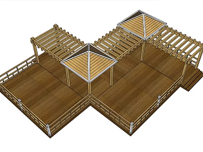 Wooden Gazebo Structure With Connected Pavilions Triangular Roof And Wooden Deck Railing 3d model