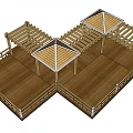 Wooden Gazebo Structure With Connected Pavilions Triangular Roof And Wooden Deck Railing