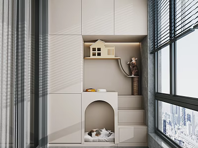 Modern Home Balcony With Beige Storage Cabinets Built-in Cat Bed Cat Tree And City View 3d model