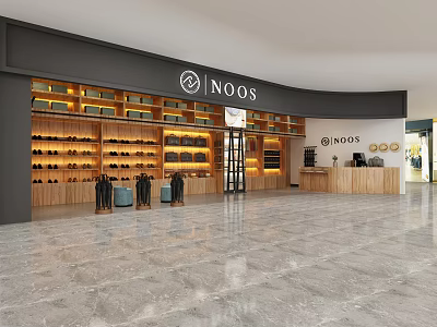 INOOS Shoe Store Interior With Wooden Shelves Display Racks And Checkout Counter 3d model