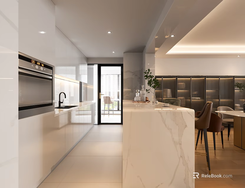 Modern Open Concept Kitchen Interior With White Cabinets Marble Island And Bar Stools 3d model