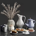Stylish Ceramic Tea Set with Purple Teapot White Pitcher Pastries and Decorative Pampas Grass Vase