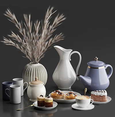 Stylish Ceramic Tea Set with Purple Teapot White Pitcher Pastries and Decorative Pampas Grass Vase 3d model