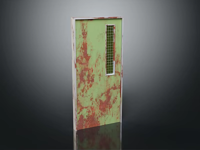 Green Door With Red Rusty Stains And Small Glass Window Panel 3d model